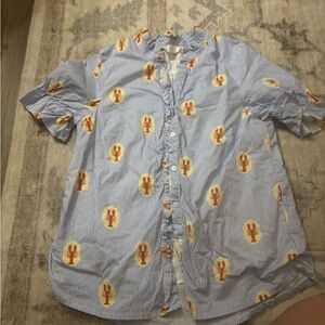 Lobster Print Blue Striped Button Down Shirt